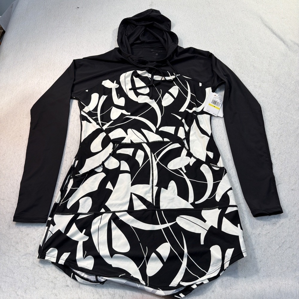 Jantzen Black White Hooded Coverup Dress Shirt Med Pockets Stretch Pockets NWT